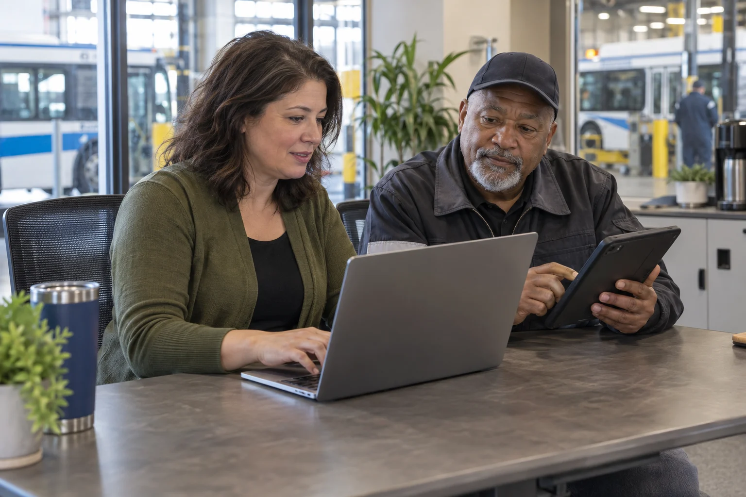 A union staff member using a laptop beside a transit worker using a tablet at a depot.