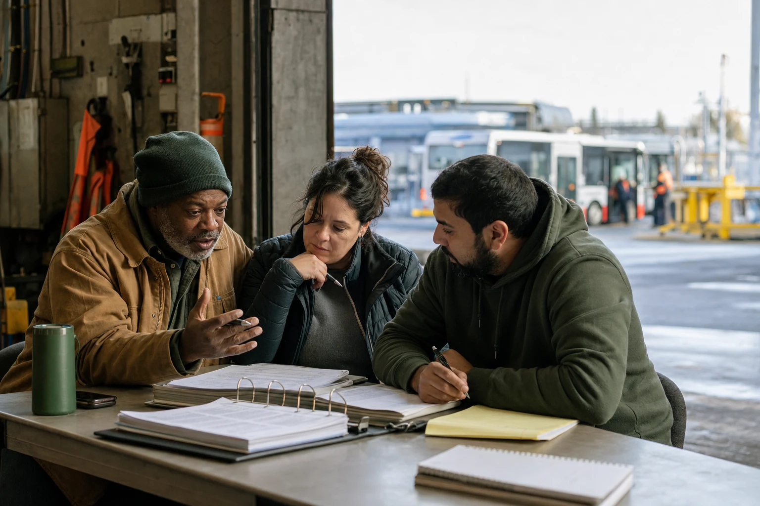 A national representative and local officers reviewing a case together at a transit facility