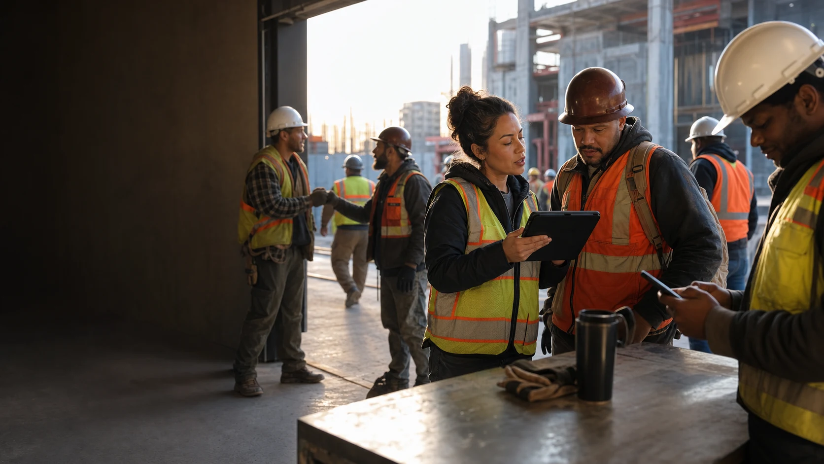 Construction workers reviewing a jobsite plan.