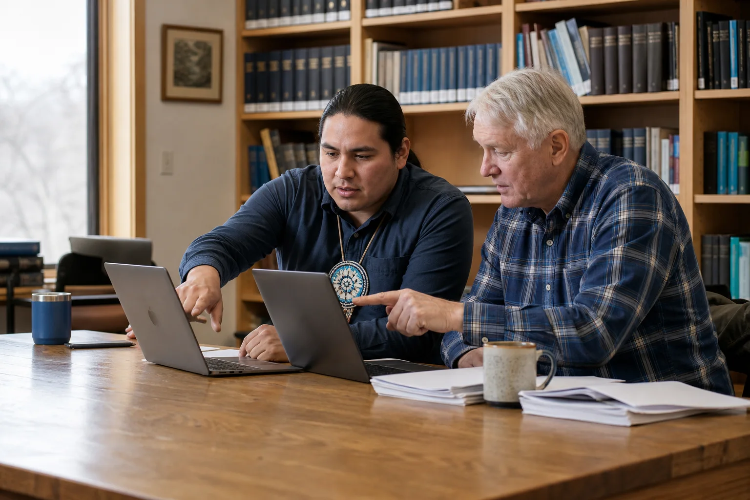Union staff comparing collective agreement binders and a laptop in a document library.