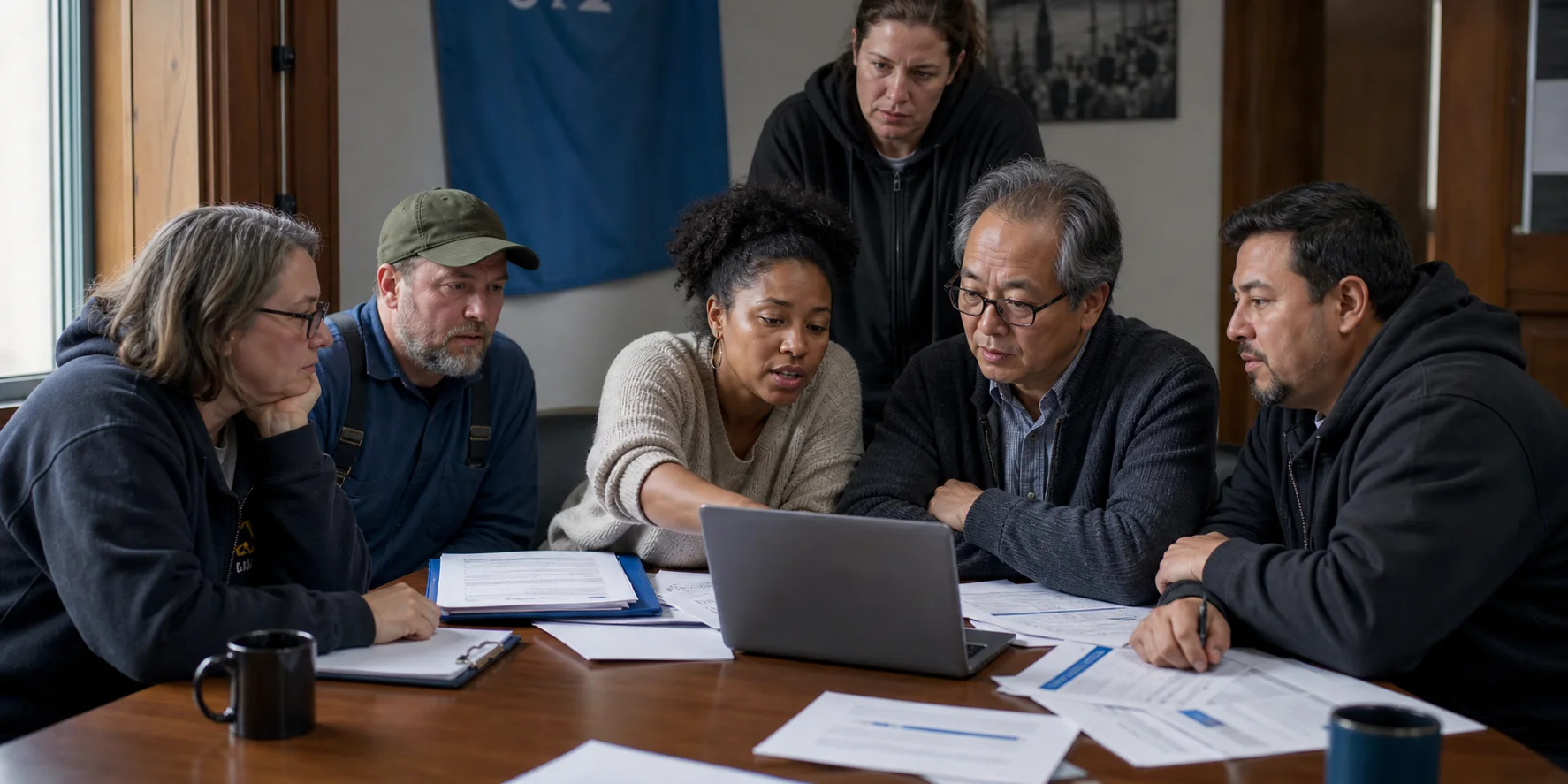 A multigenerational union bargaining committee reviewing documents together in a union hall.