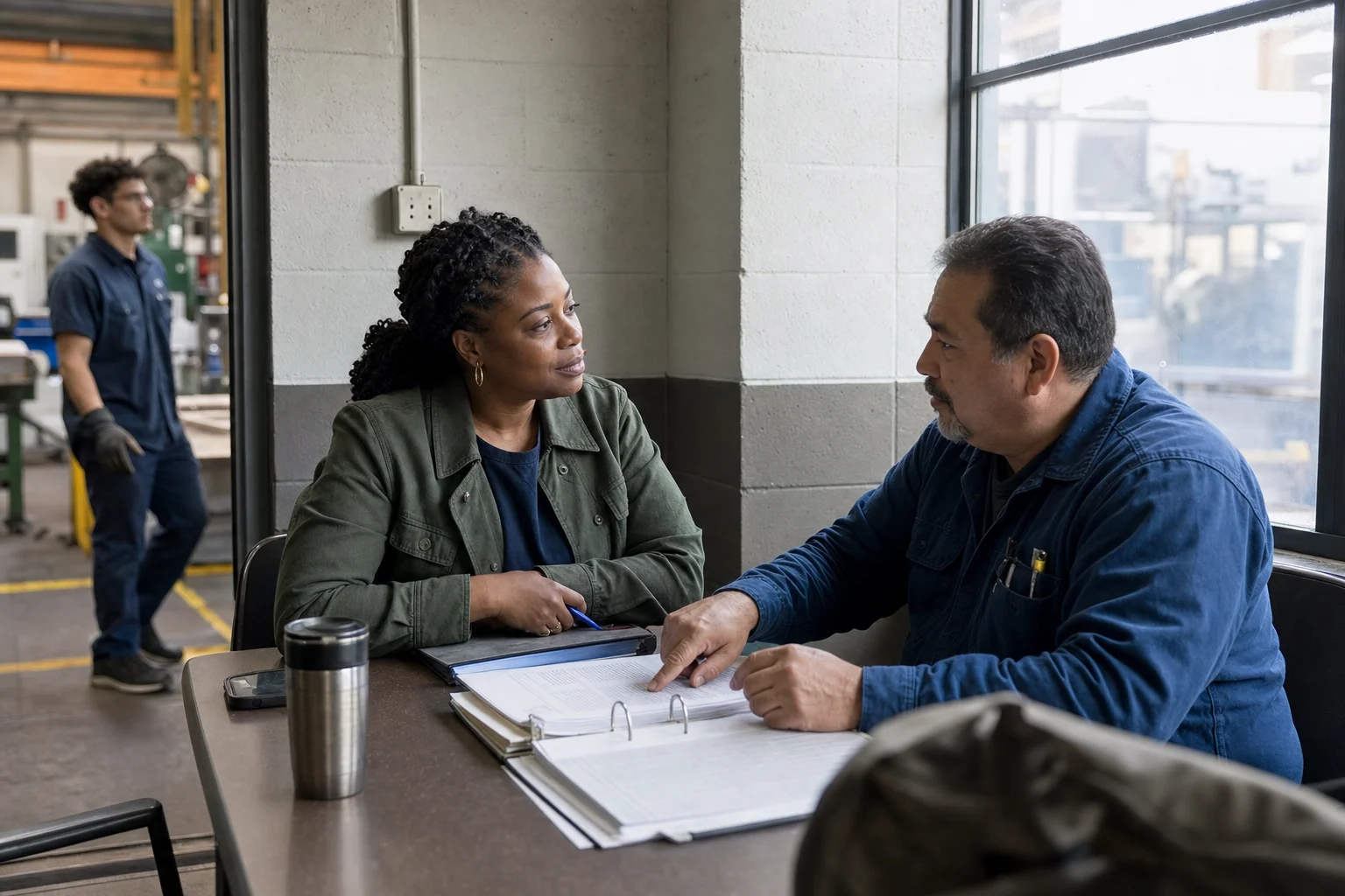 A union steward listening to a machinist and reviewing the case record in a manufacturing plant break room