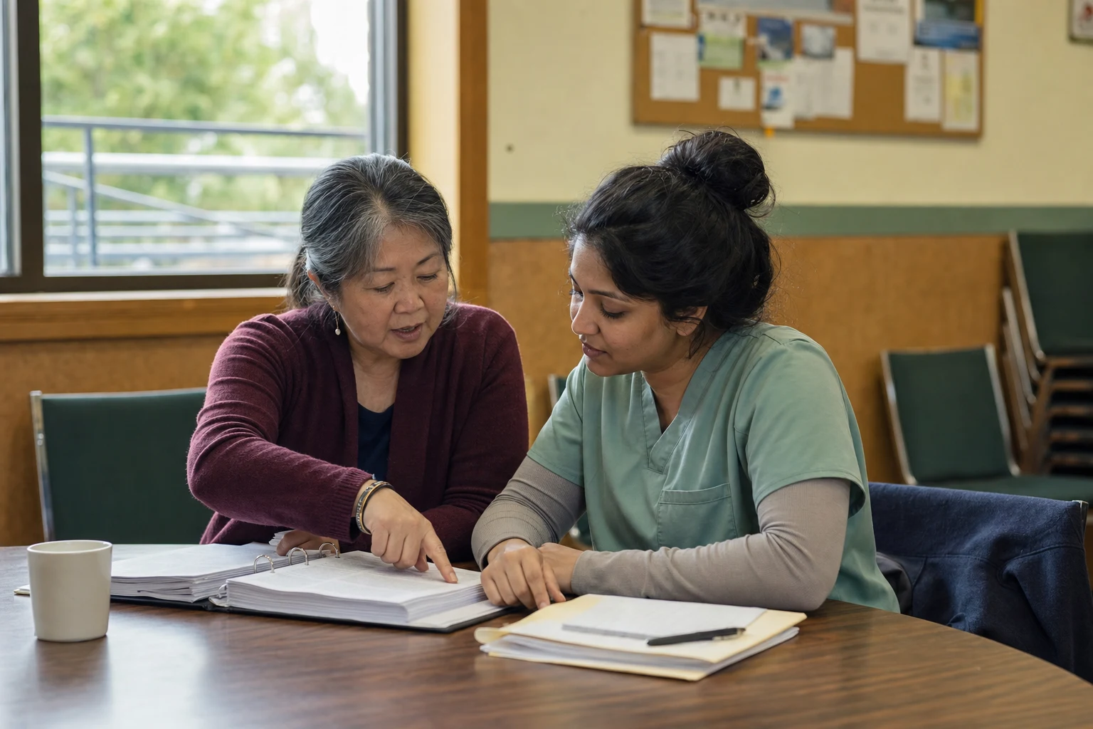 A union representative and healthcare worker reviewing an agreement and case notes together