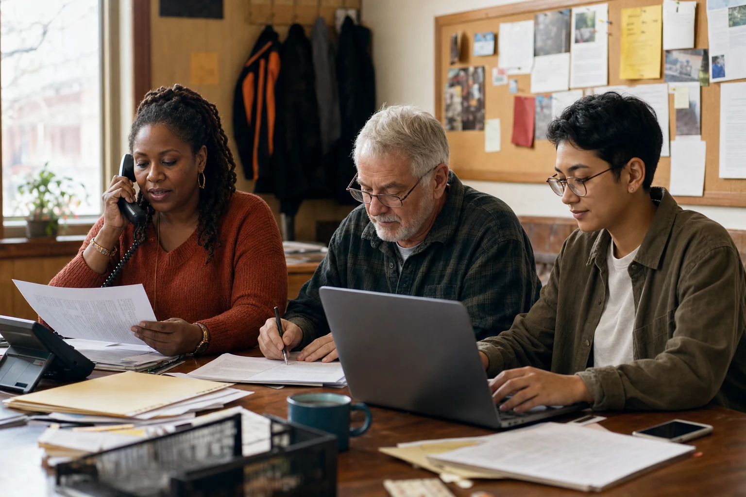 Union communications staff preparing a member update together in a community union hall