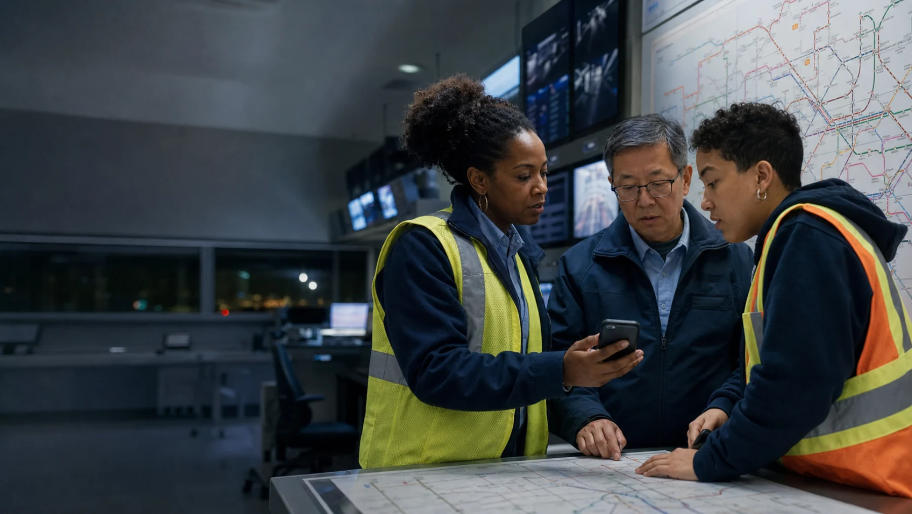 Transit workers reviewing an urgent union update together in an operations room
