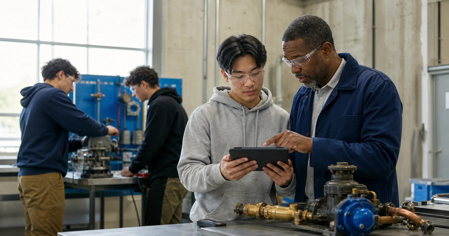 A younger union member taking part in hands-on skilled trades training with an experienced instructor.
