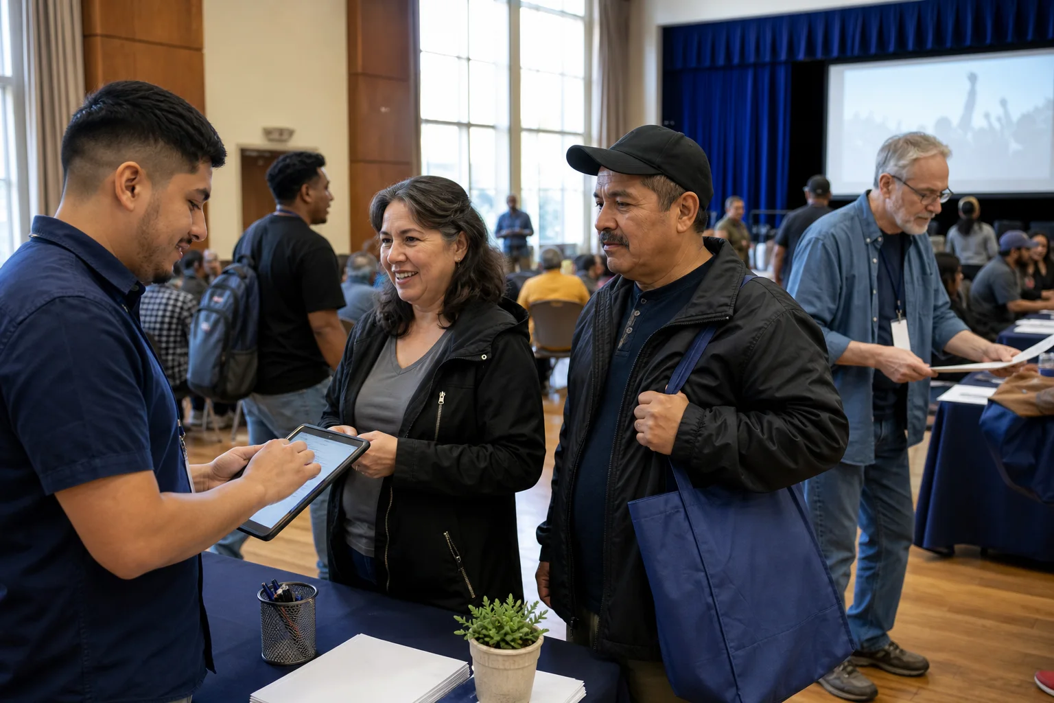 Younger union volunteers checking members into a large meeting with tablets.
