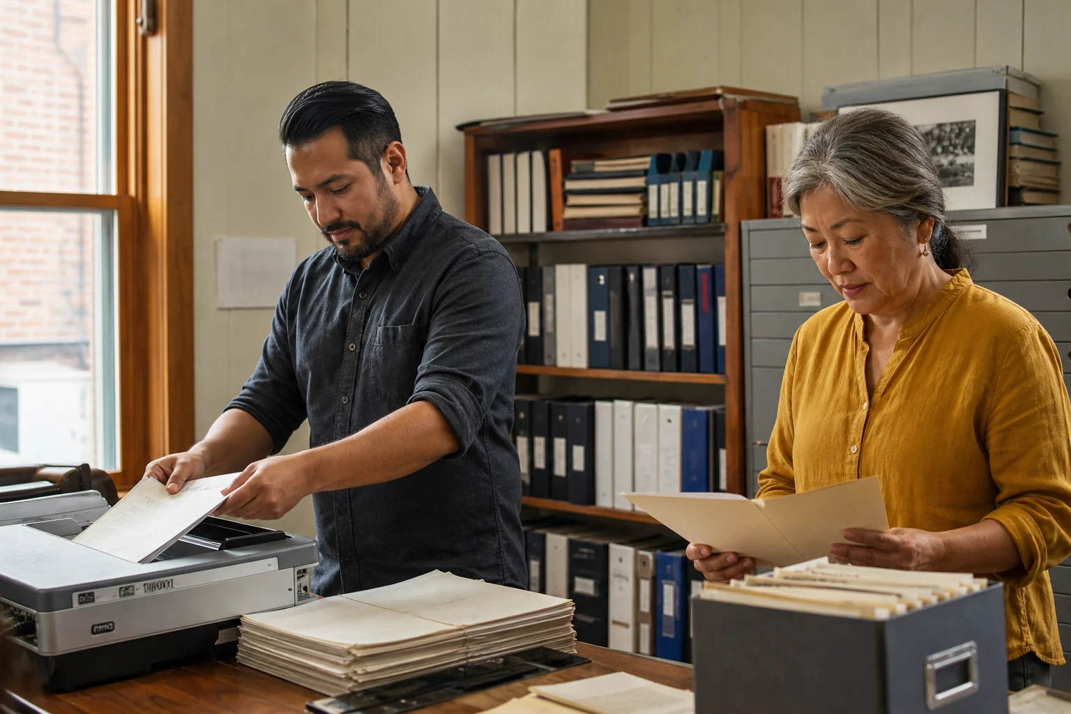 Union staff organizing paper records and scanning documents in a real archive room