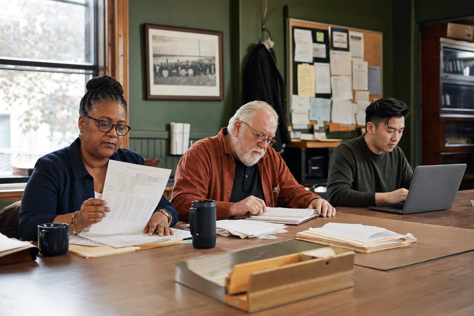 A multigenerational union finance team reconciling dues and bank records in a community union hall