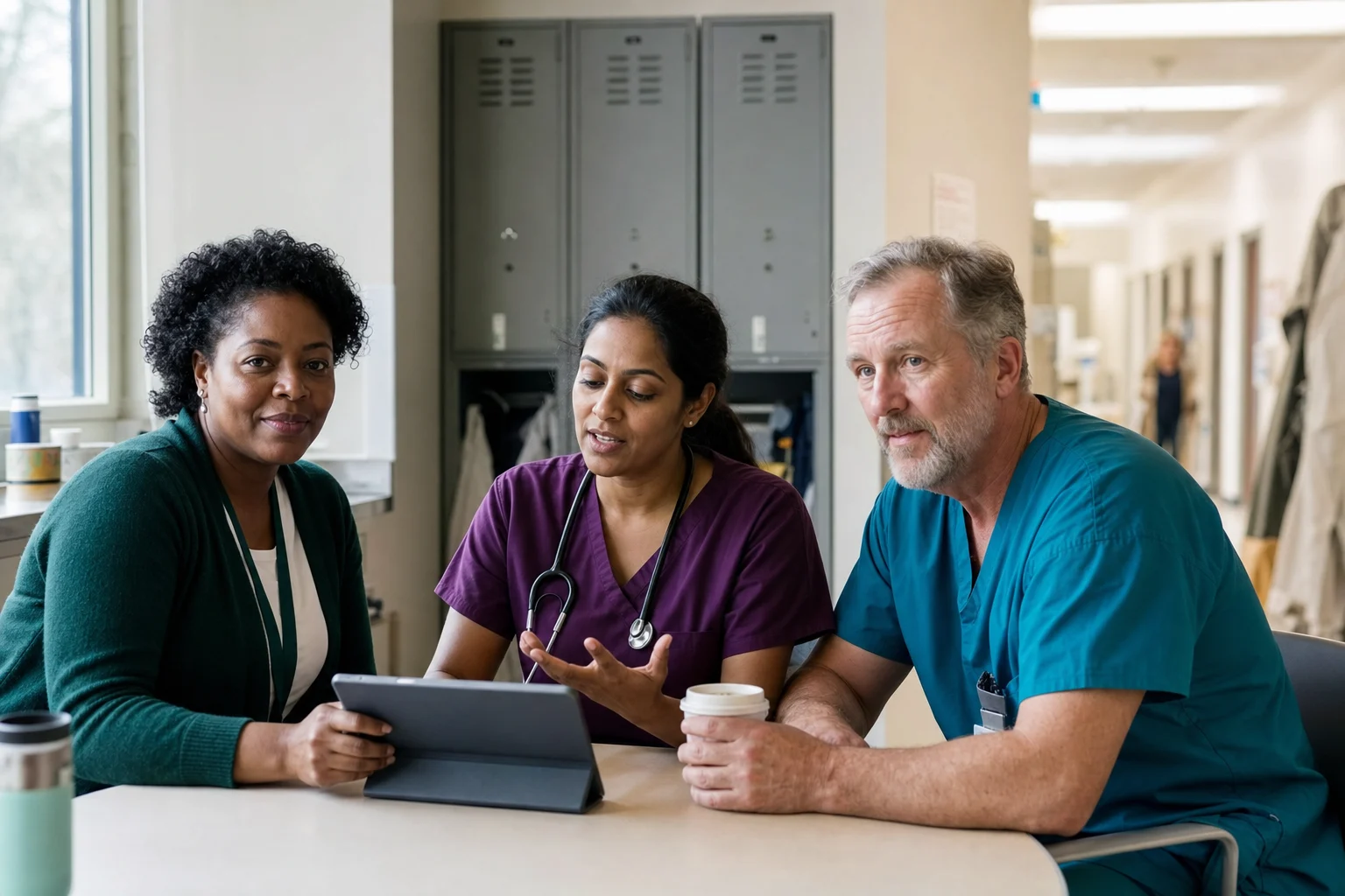 Healthcare union members reviewing a workplace safety survey together in a hospital staff room