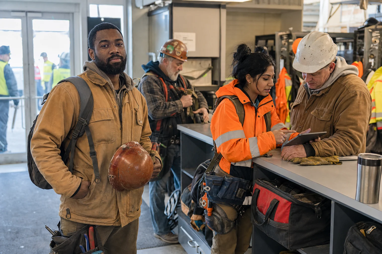 Younger and experienced union tradespeople preparing for dispatch in a real hiring hall