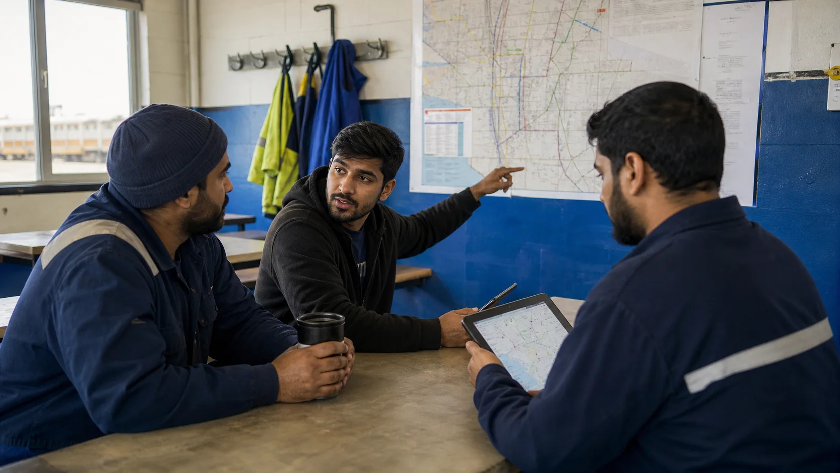 A union organizer meeting younger transit workers in a break room with a workplace map on the table.