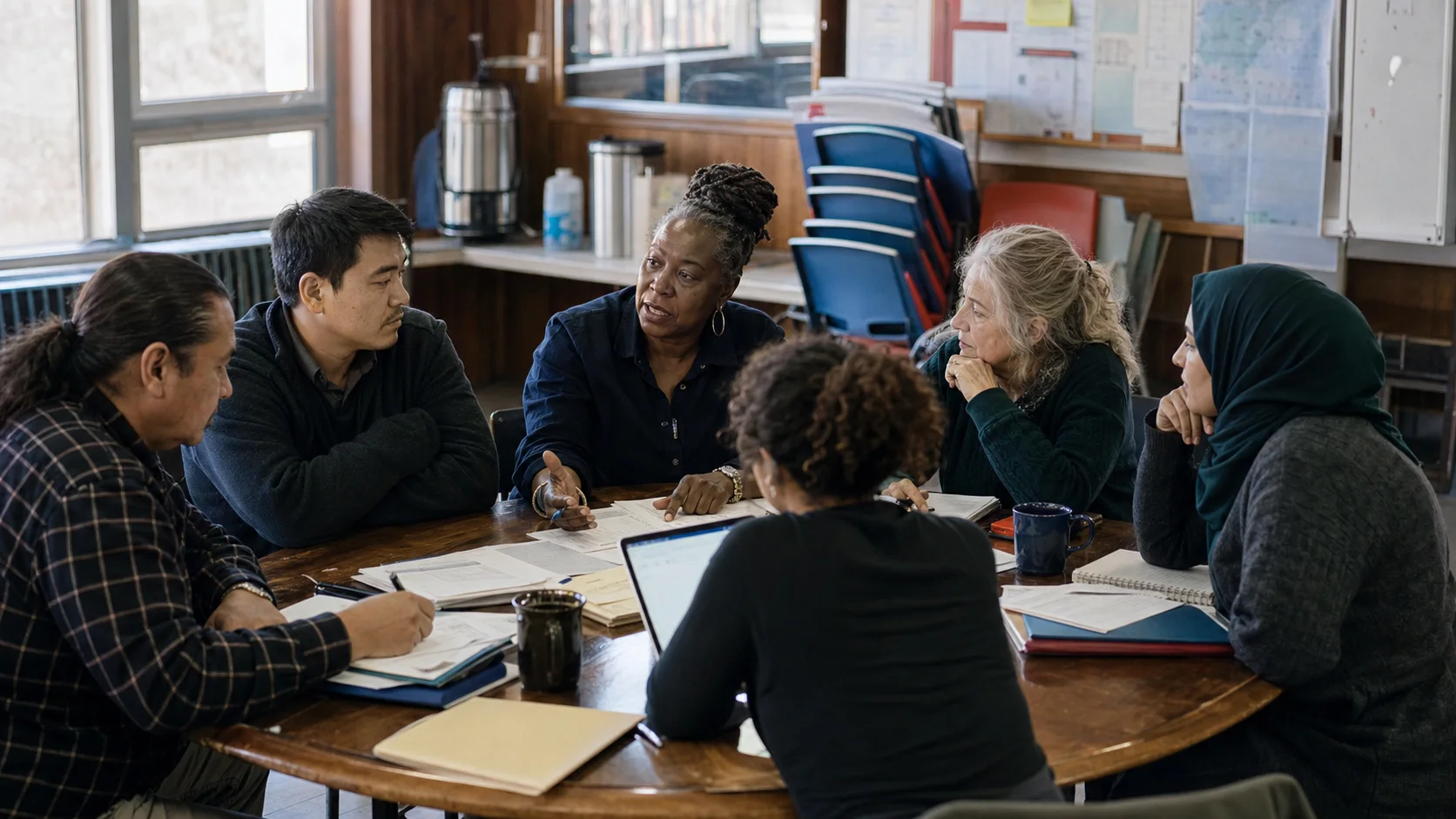 Union staff and stewards reviewing member work together in a community union hall