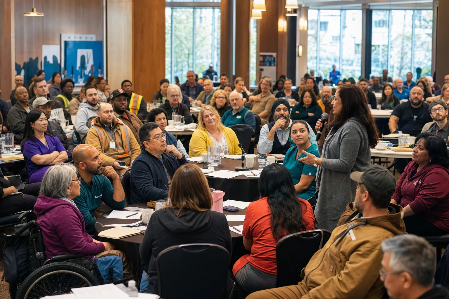 A large, diverse general membership meeting in a union conference room