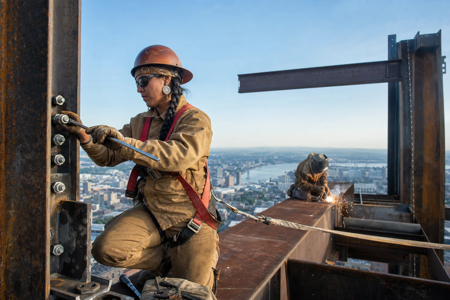 An ironworker tightening a structural steel connection above the city