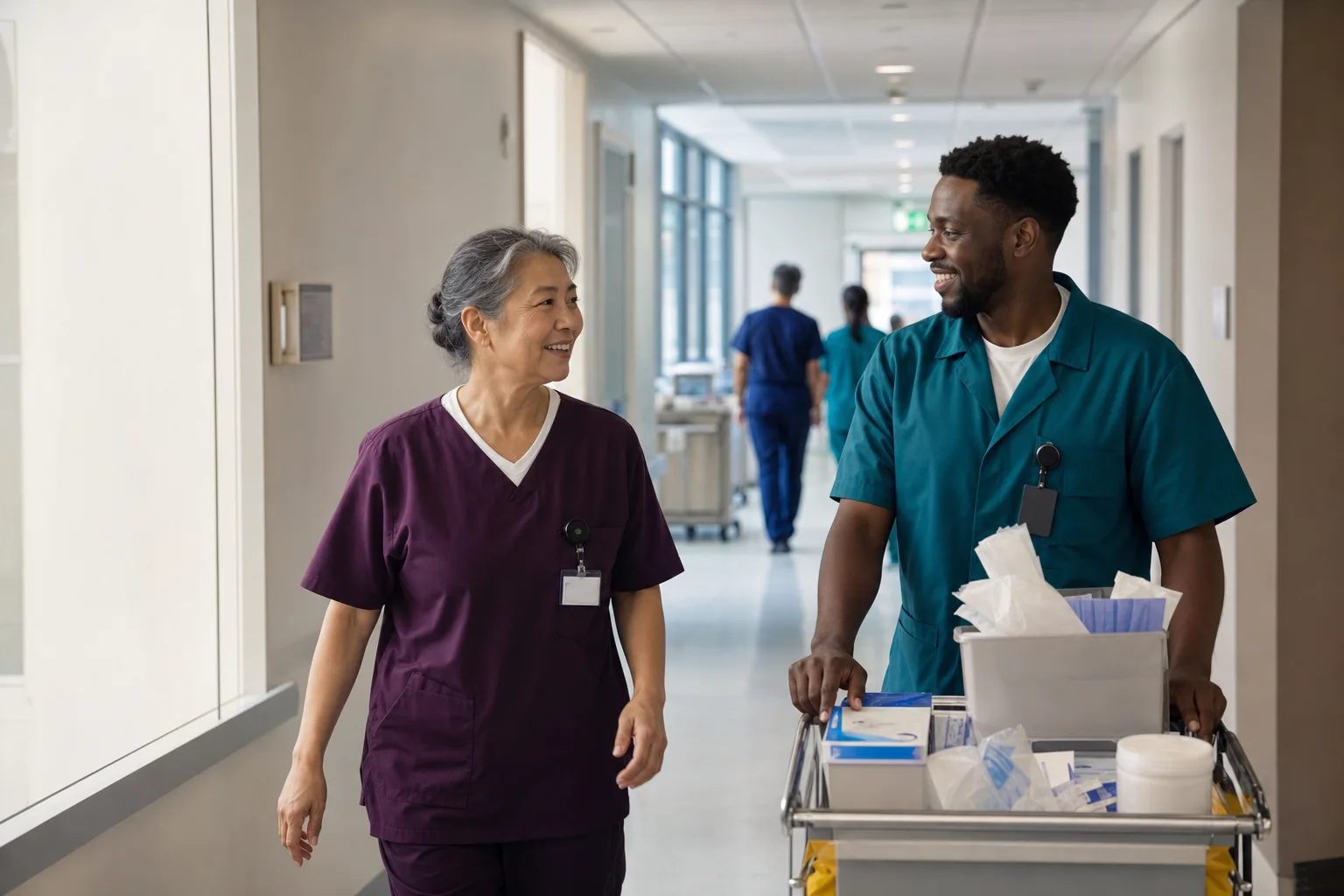 A nurse and hospital porter sharing a conversation while moving supplies