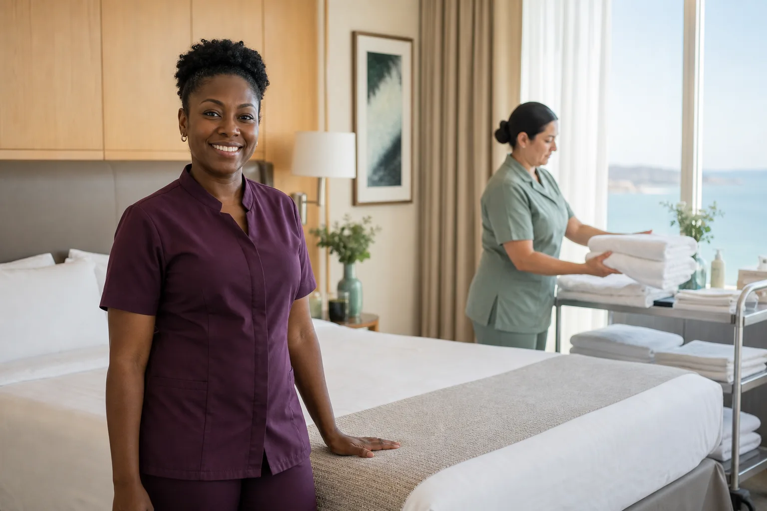 A hotel room attendant smiling while a coworker prepares fresh linens