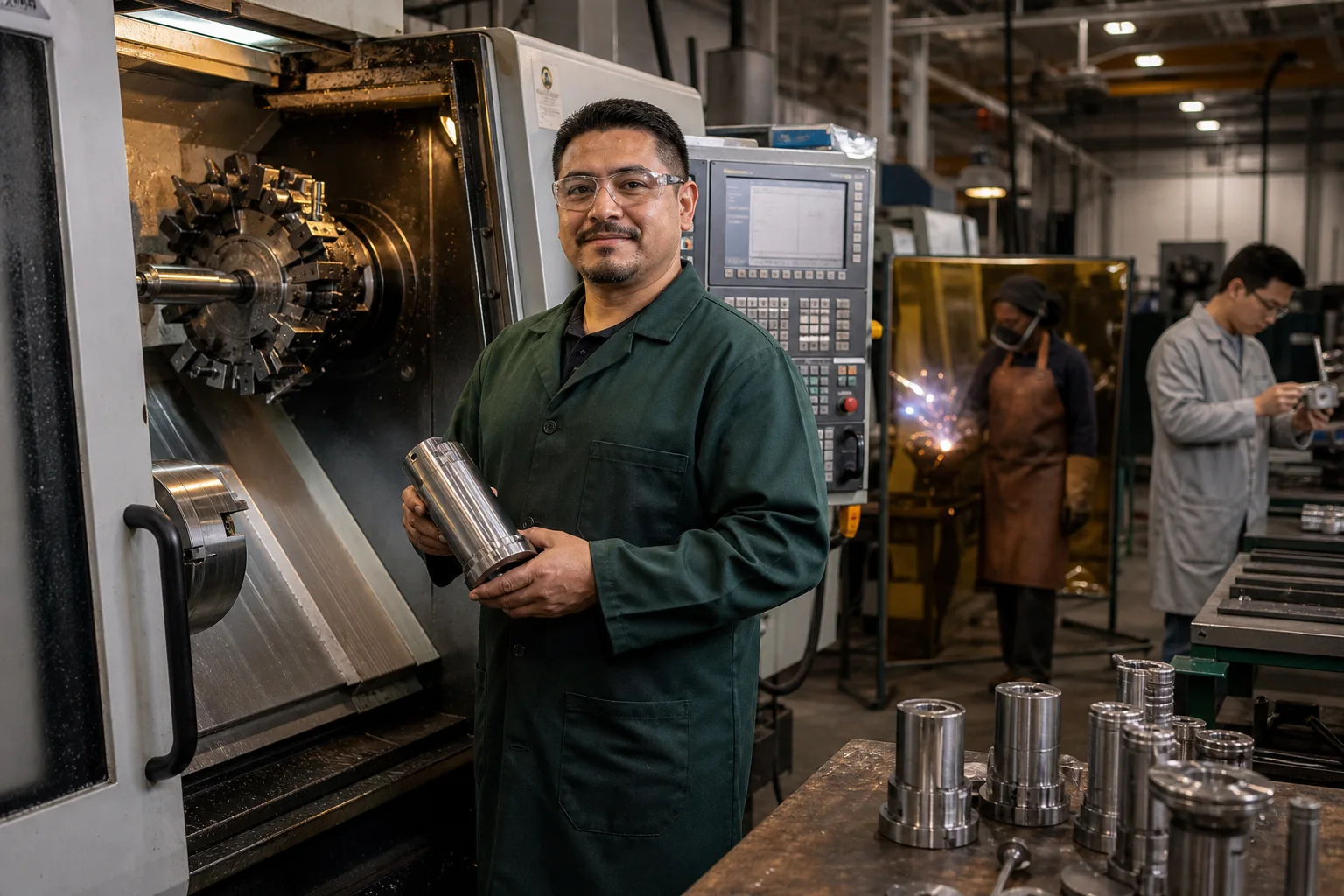 A machinist beside a CNC machine with other trades working in the background