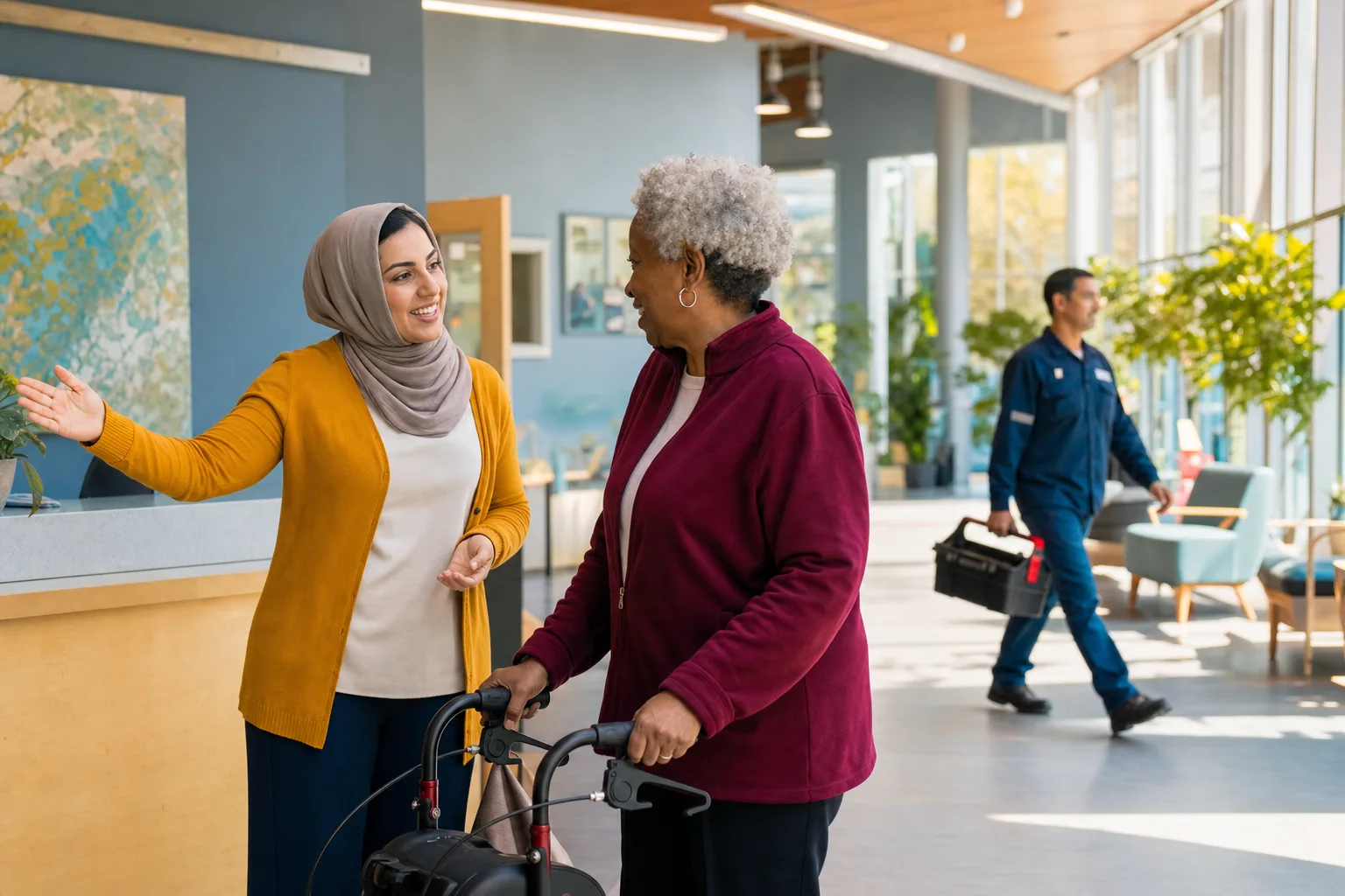 A community centre coordinator welcoming a resident into an accessible program space