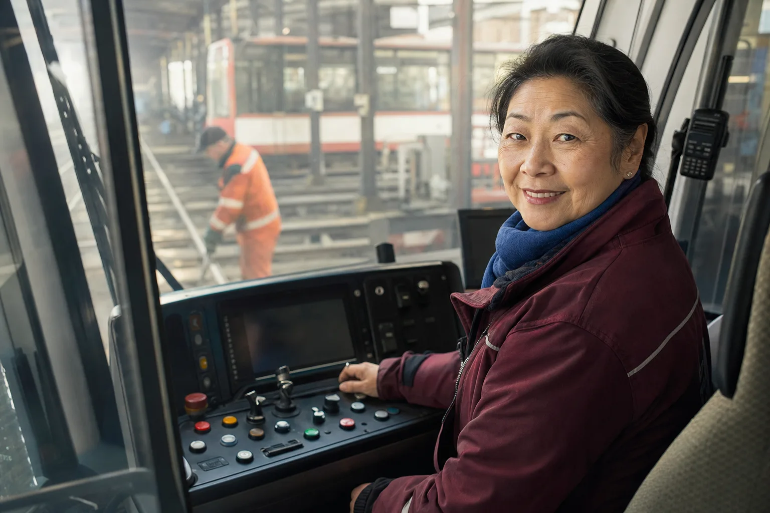 An experienced streetcar operator smiling from the vehicle cab