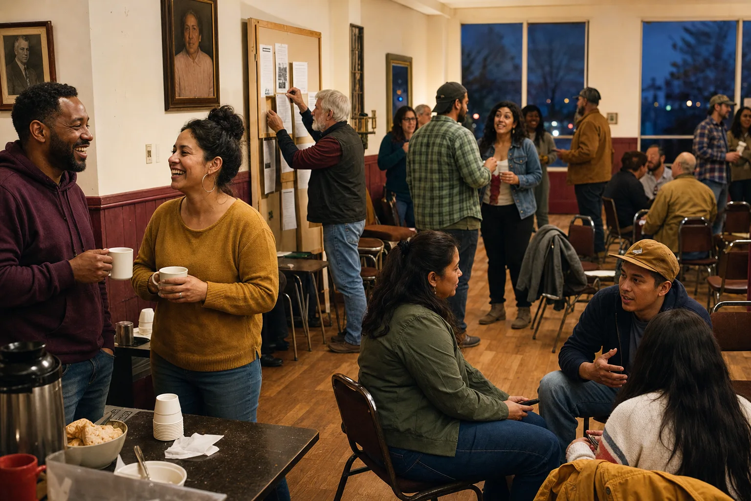 Members talking and sharing coffee during a break at a union hall meeting