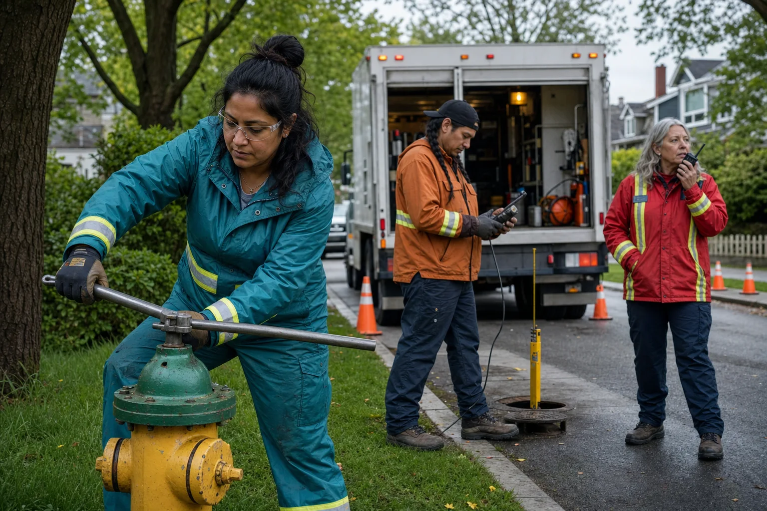 A municipal water operator working a hydrant while the field crew works nearby