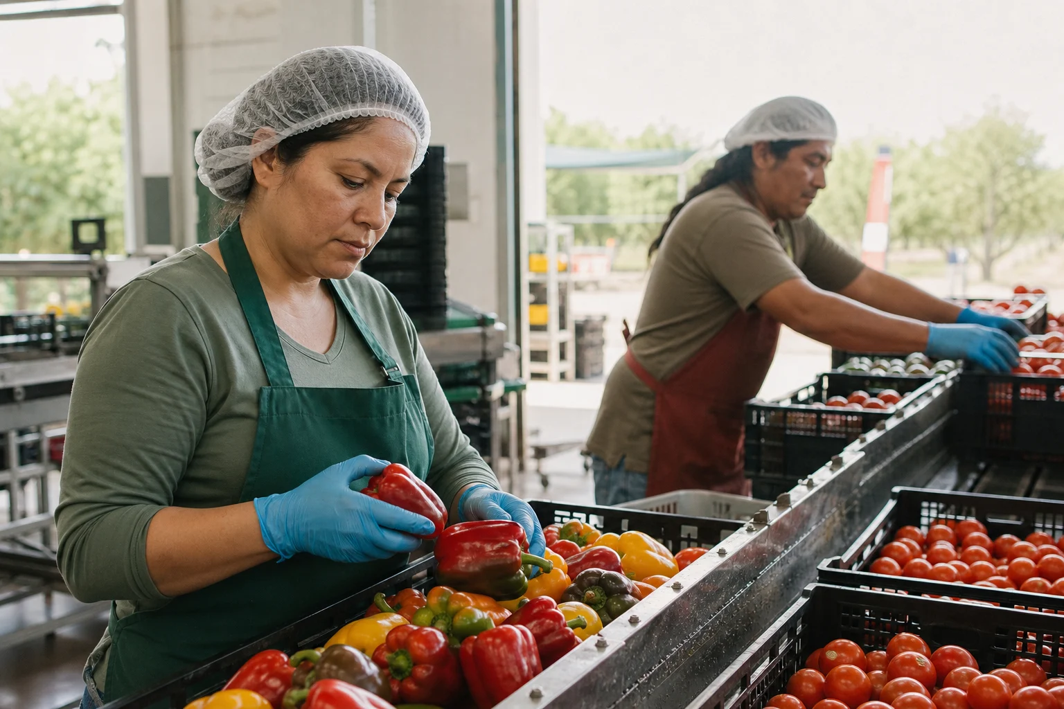 Food processing workers sorting fresh produce on an active packing line