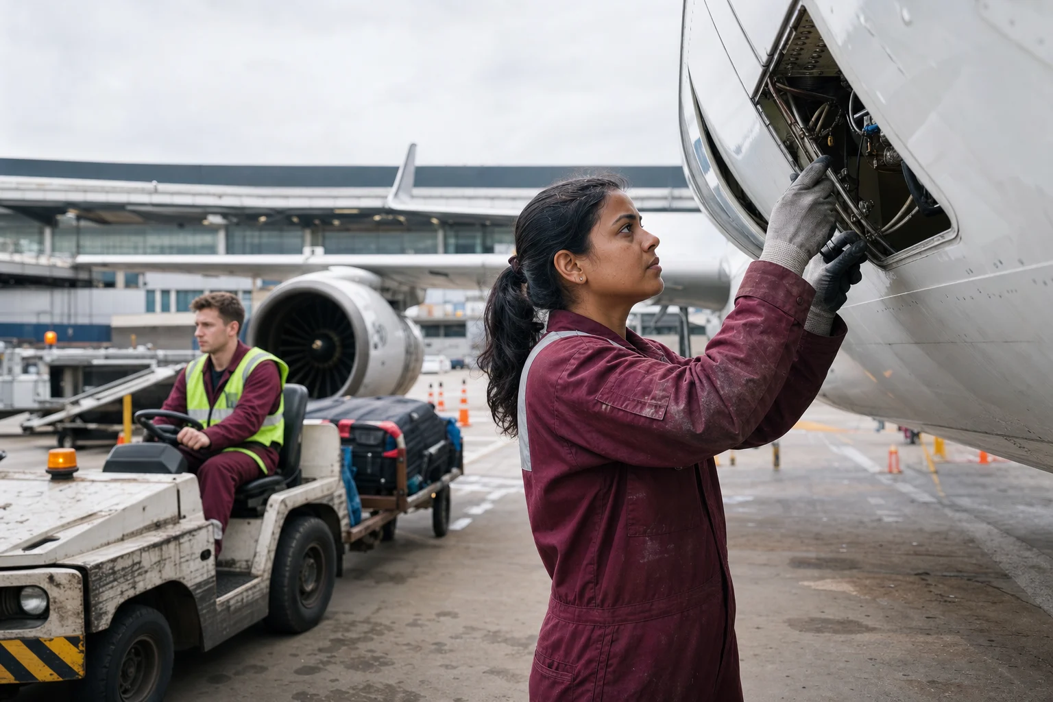 An aircraft maintenance technician working during an airport turnaround
