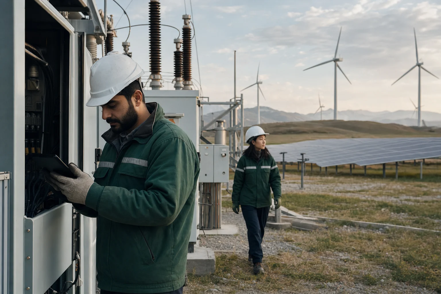 Energy workers maintaining a substation at a wind and solar generation site
