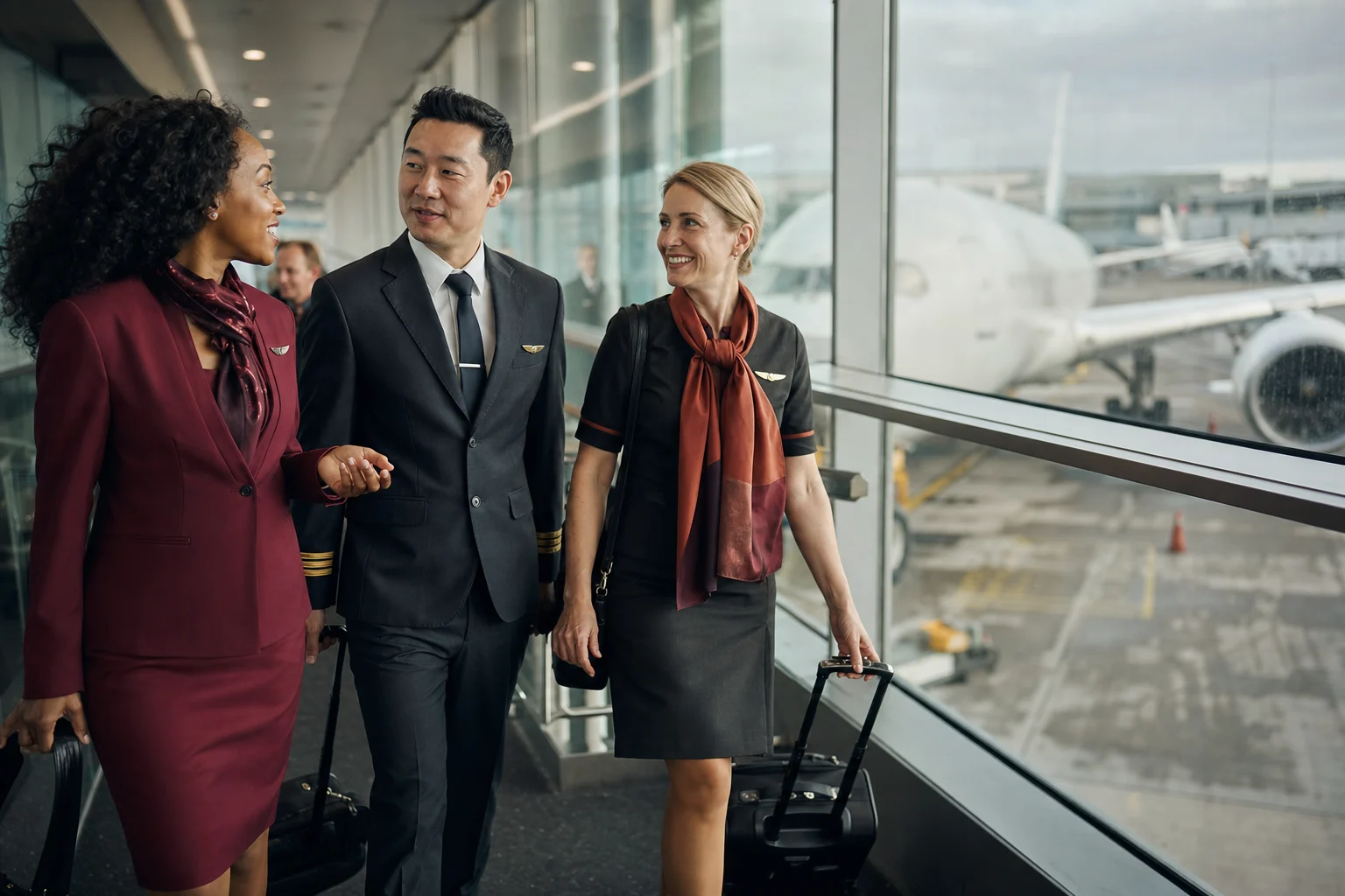 Flight attendants and a pilot sharing a moment of solidarity between global assignments