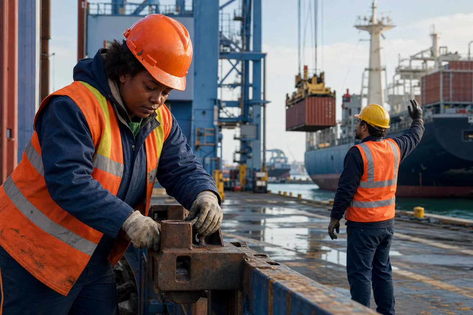 Dockworkers coordinating container handling at an active international port