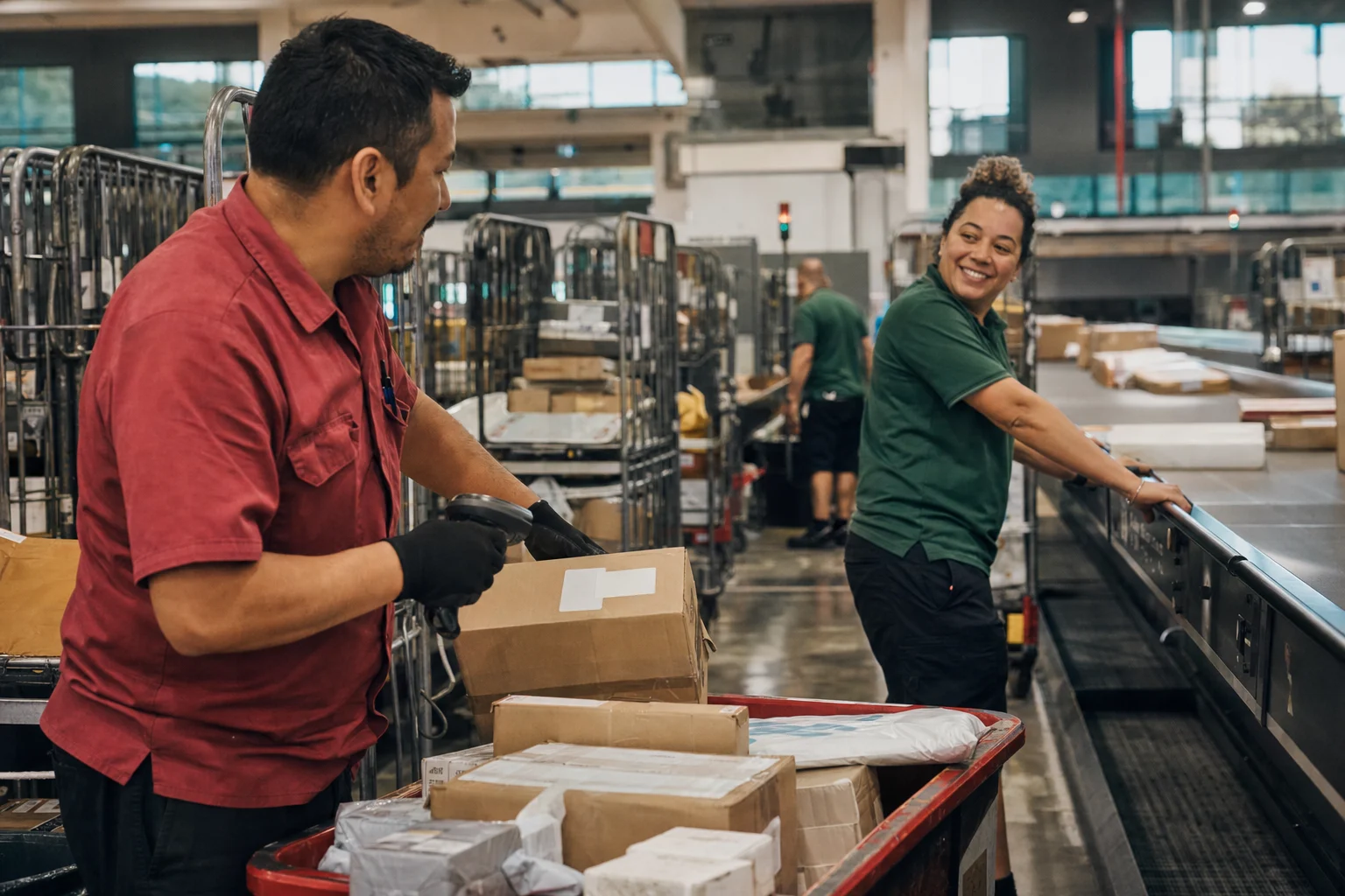 Postal and logistics workers moving parcels through a regional depot