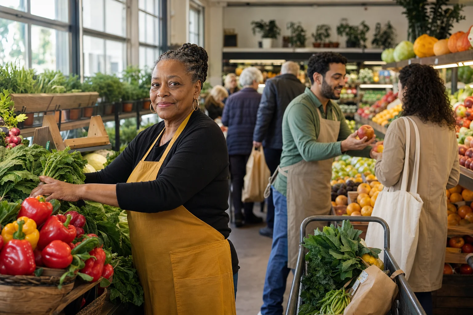 Grocery workers supporting customers and stocking a colourful produce department