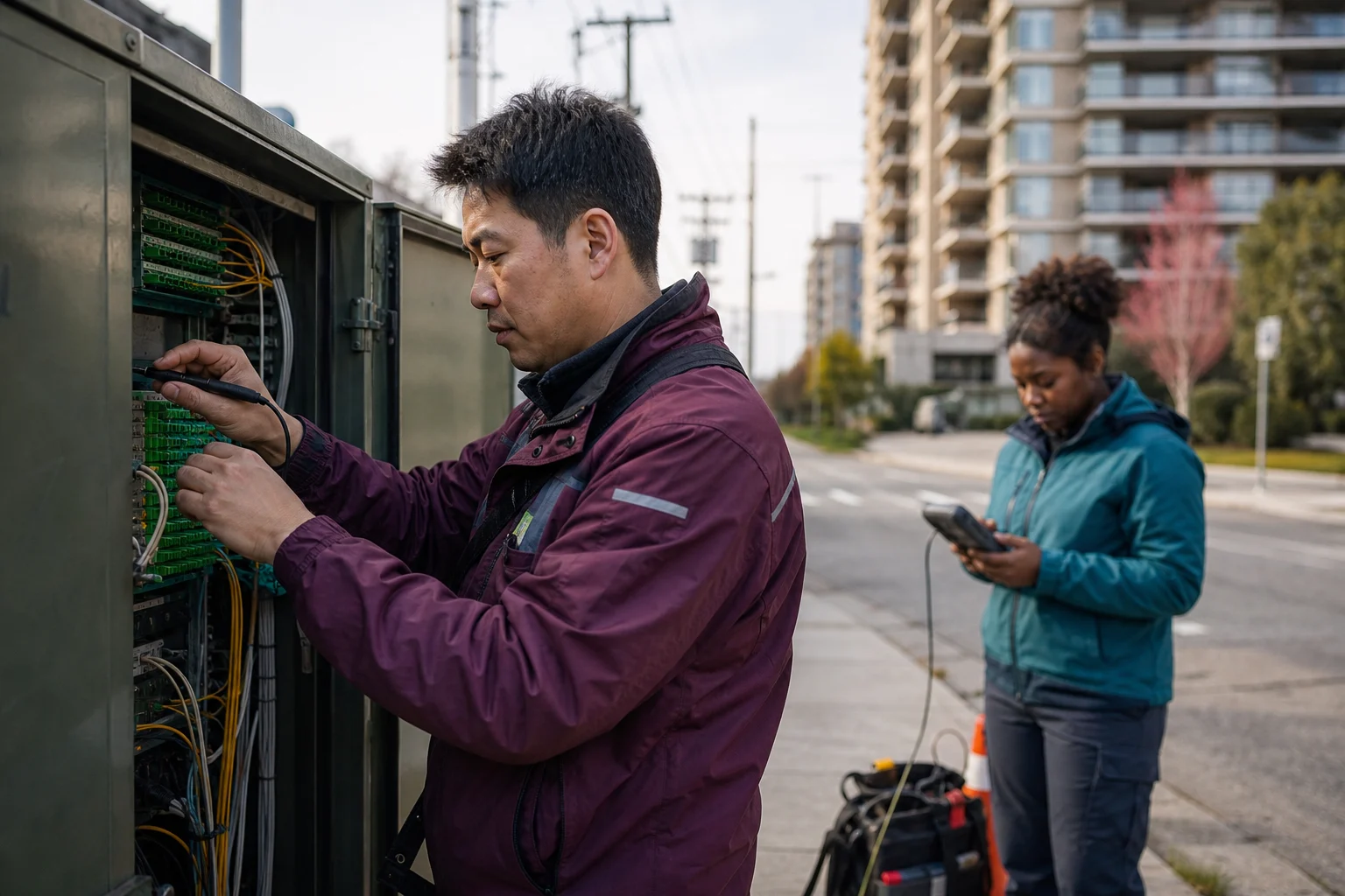 Telecommunications technicians testing public fibre infrastructure in the field