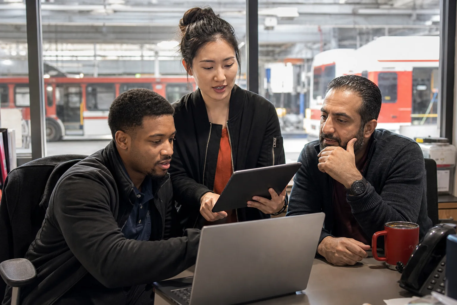 A younger operations leader coordinating union work with colleagues in a transit workplace.