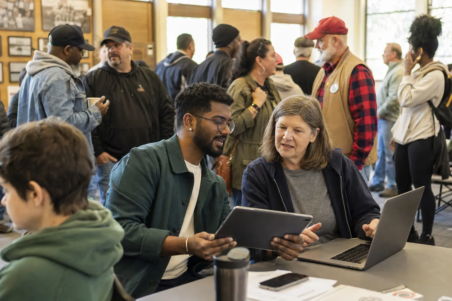 A younger membership coordinator and an experienced union leader reviewing member information on a tablet.