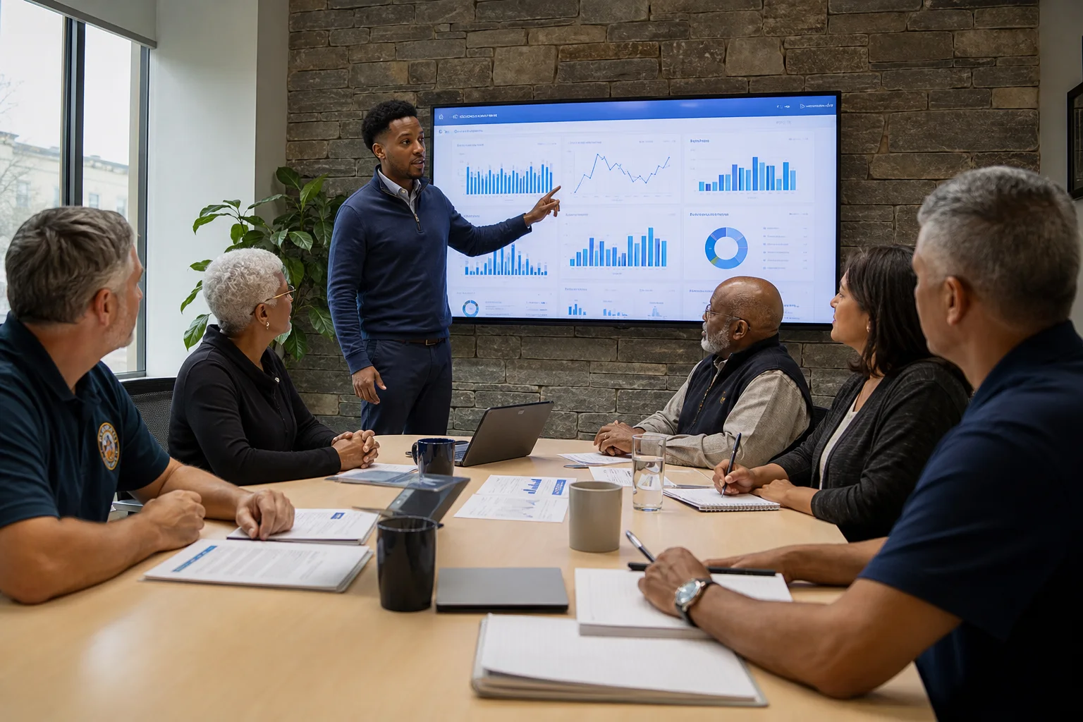 A union executive committee reviewing operational information on a large wall display.