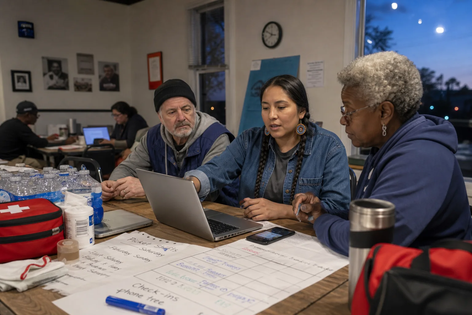 Union strike coordinators reviewing a site map and digital planning tools in a union hall.