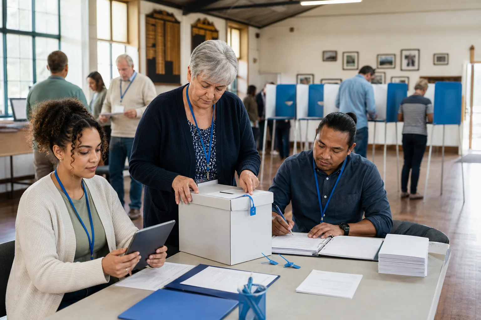 A diverse union election committee reviewing ballot materials together in a union hall.