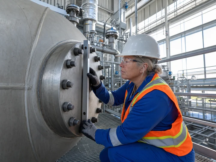 A boilermaker inspecting work on a large industrial vessel.