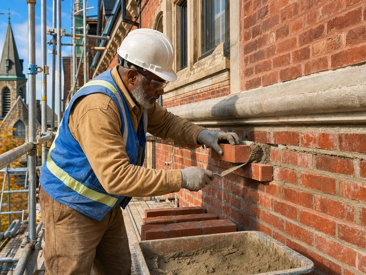 A mason restoring brickwork on a heritage building.
