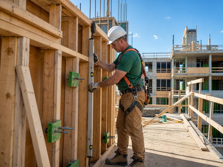 A carpenter checking formwork on a construction site.