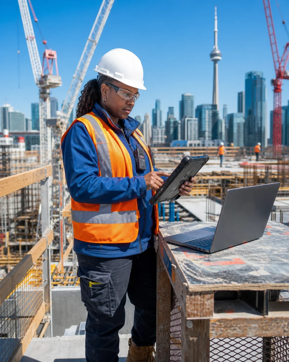 A construction union representative using a tablet at a high-rise project.