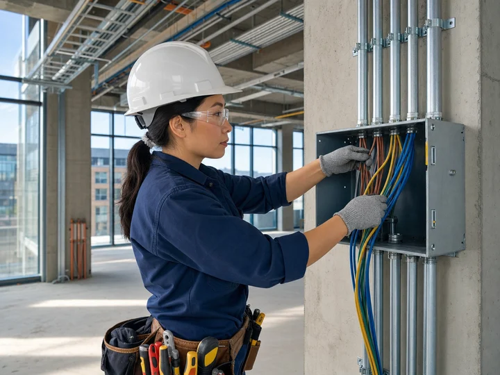 An electrician installing cable in a commercial construction project.