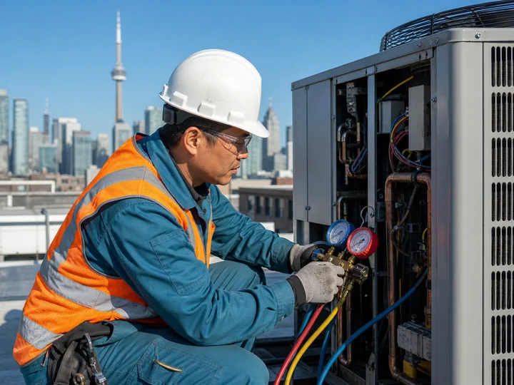 An HVAC technician servicing a rooftop mechanical unit.