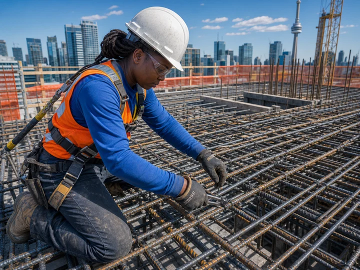 An ironworker tying reinforcing steel on a high-rise project.