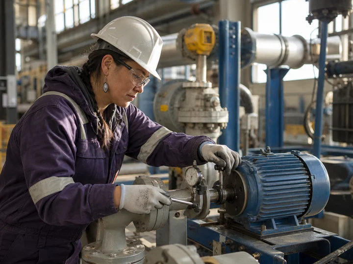 A millwright aligning industrial machinery in a plant.