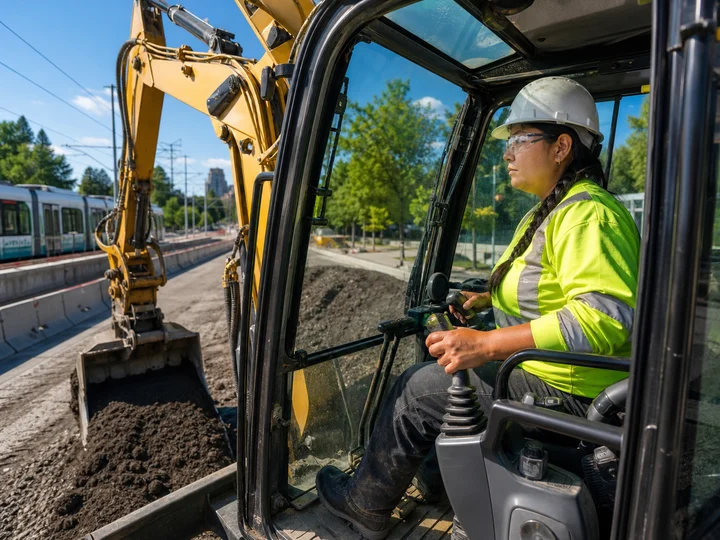 A heavy-equipment operator working inside an excavator cab.