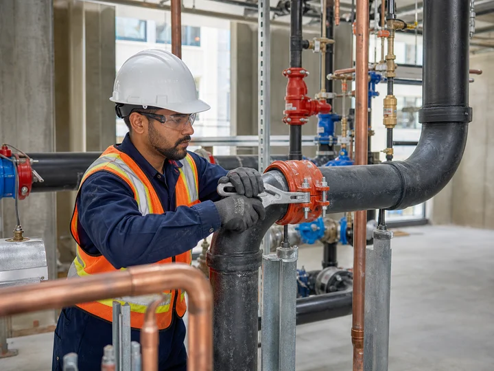 A pipefitter assembling piping in a mechanical room.