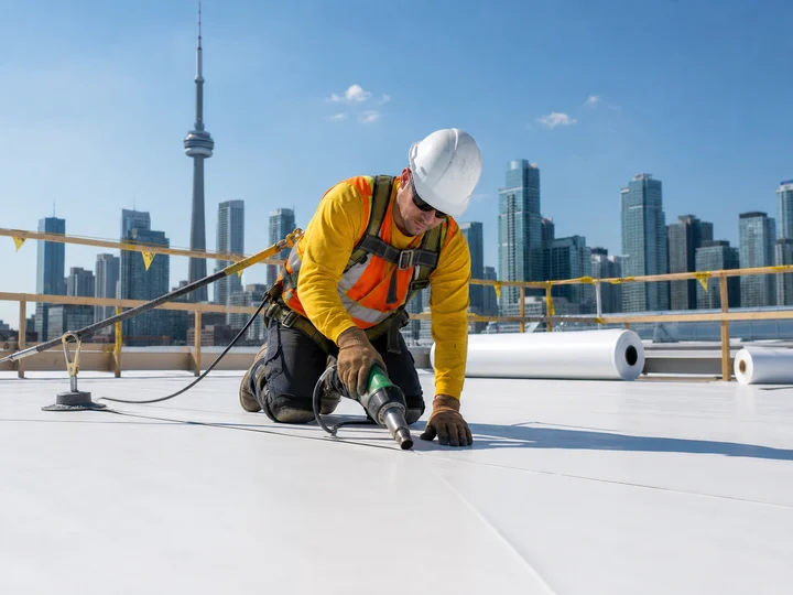 A roofer installing membrane on a commercial roof with fall protection.